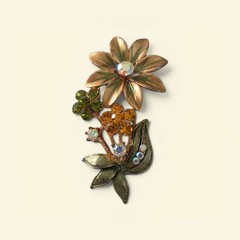 Yellow Brown Rhinestone Flower Brooch Vintage Jewelry