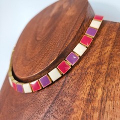 Vtg 80s Enamel Square Tile Choker Necklace Gold Tone Magenta Purple Cream Retro