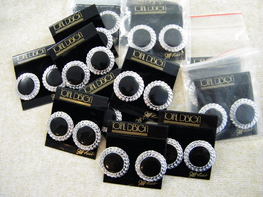 (13) NEW VINTAGE JEFF LIEB ~ SILVER TONE / BLACK ENAMEL ~ CLIP EARRINGS