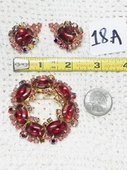 Vtg JULIANA Pink Cabochon Glass Rhinestones Earrings Flower Brooch Pin Set As Is