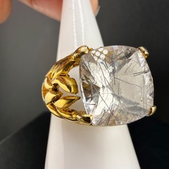 Vintage Rutilated Quartz Sterling Silver Gold Tone Cocktail Ring Size Chunky 7.5