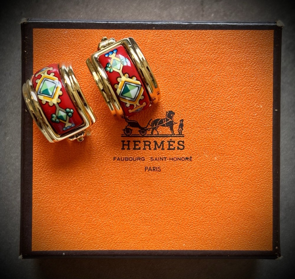 Hermes Vintage Enamel Clip On Hoop Earrings With Box