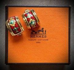 Hermes Vintage Enamel Clip On Hoop Earrings With Box