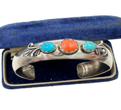 CARLISLE JEWELRY ALBUQUERQUE NM STERLING SILVER BRACELET CORAL TURQUOISE OLD RAR