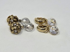 2 Pairs Vintage Gold Tone & Clear Rhinestone Clip-on Earrings Dangle Drop Style