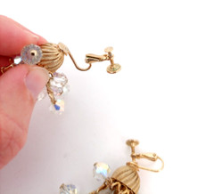 VTG Clip On Dangle Drop Earrings Aurora Borealis Cluster Rhinestone Carousel