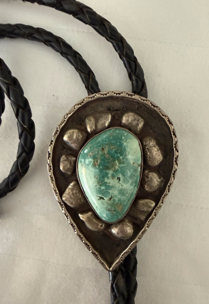 Vtg Southwestern Sterling Silver Turquoise Nugget Bolo Tie by Bennett Pat Pend