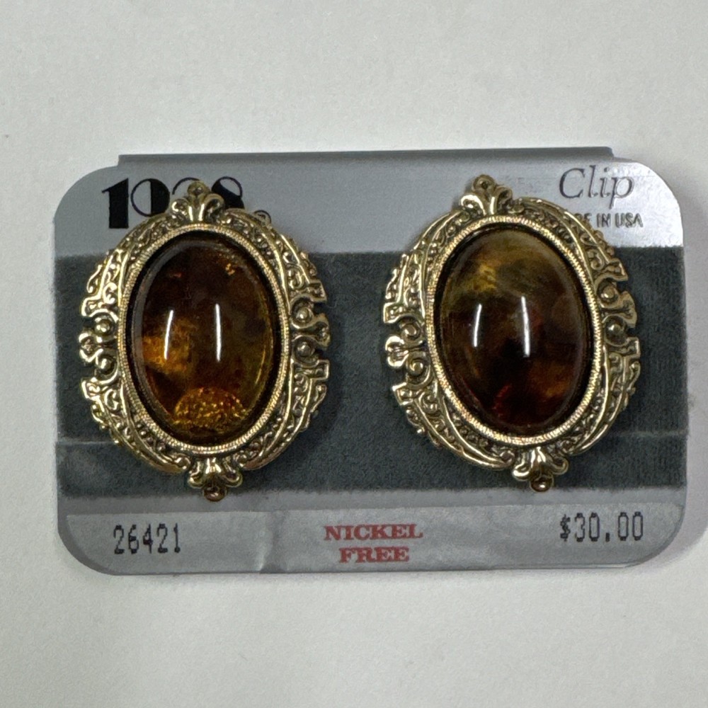 1928 Jewelry Oval Clip On Earrings Gold Tone Amber Cabochon Vintage New