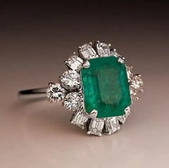 5.30 Ct Emerald Cut Natural Green Emerald Art Deco Vintage Engagement Ring