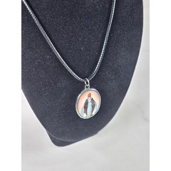 Vintage Red Madonna Pendant Necklace Oval Catholic Cross Back Charm
