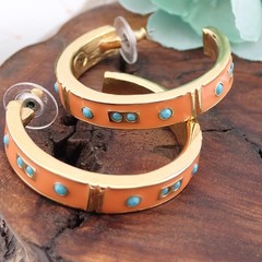 VTG KJL Kenneth J Lane Peach Enamel Simulated Turquoise Gold Tone Hoop Earrings