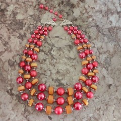 Vintage Japan 3 Strand Pink Apricot-Orange Bead Statement Choker Necklace 1950s