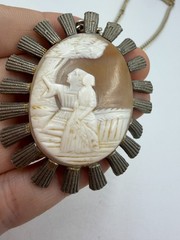 Vintage Necklace Cameo Pendant Shell People Scene Art Oval Silvertone