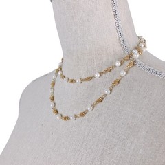 Vintage Signed Revlon Gold Tone Ball & Faux Pearl Station Necklace 1980s 1990s