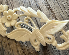 2 Vintage Hand Carved Butterfly Flower & Foliage Brooch Pin Open Work Detail