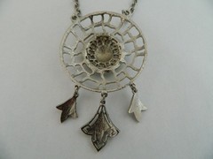 Vintage Lisner Statement Round Dangle Pendant Necklace Open Work Silver Tone