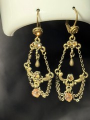 Antique Chandelier Peach Beads Earrings Alloy Metal Self Clasp Beautiful 2inch