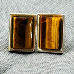 VTG Tigers Eye Gold Tone Rectangular Cufflinks Bullet Back MCM Dad Father Exec