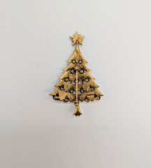 Vintage Christmas Tree Brass Tone Brooch Pin with Aurora Borealis Rhinestones