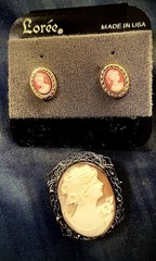 Vintage Lorée Cameo Jewelry Set Brooch Pendant & Matching Earrings Made in USA