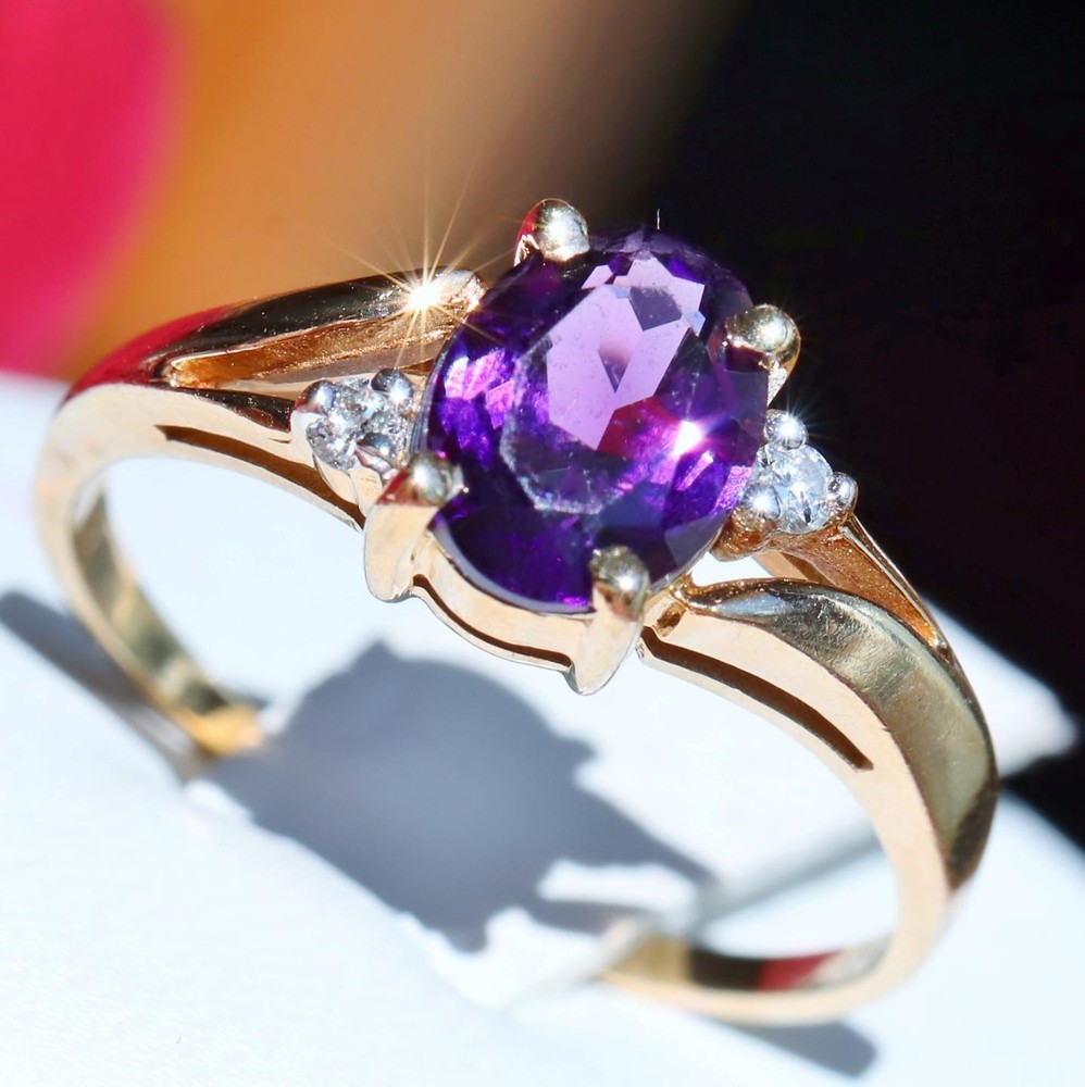 10k yellow gold ring 1.00ct natural amethyst diamond sz 6.5 handmade 2.0g N3011U