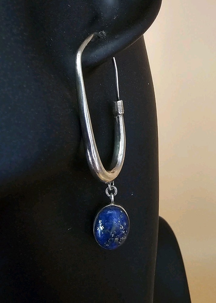 Vintage Sterling Silver Lapis Lazuli Drop Hoop Earrings Artisan Modernist J…