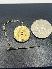 Victorian antique gold tone round brooch pin chain etched enamel flower design