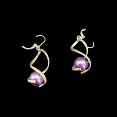 Vintage Modernist Purple Faux Pearl Dangle Earrings Silver Tone Artisan Handmade