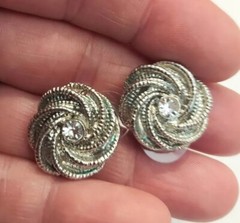 Vintage Estate Silver Twisted Round Textured Post Pierced Rhinestones Earrings