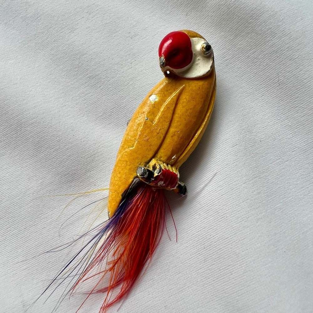 Vintage Tropical Yellow Enamel Red Feather Tail Parrot Bird Animal Brooch Pin