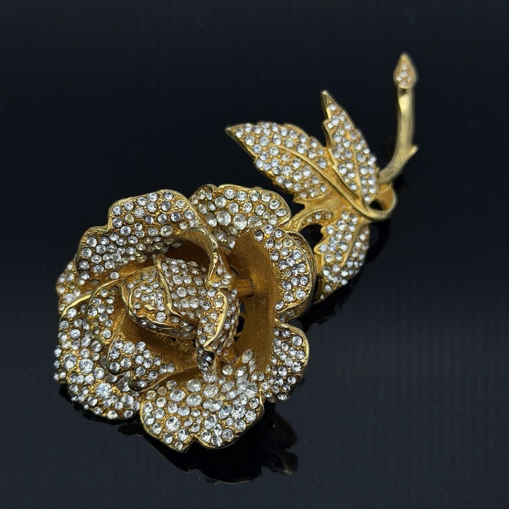 JOSE MARIA BARRERA Rose Huge Brooch Rhinestone Gold Tone Flower Vintage Pin 4.5″