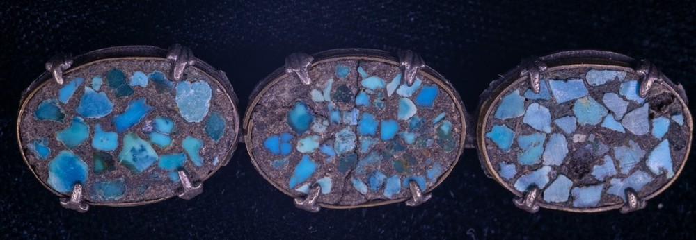 Vintage Mosaic Turquoise Bar Pin Brooch Silver Tone 45mm Antique Blue Green