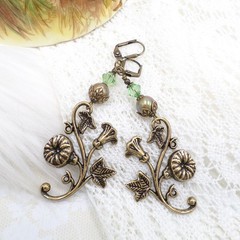 Art Nouveau Floral Brass Earrings Green Crystal Dangle Leverback Vintage Style