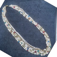 Vtg 7 Strand Necklace Faux Baroque and Seed Pearls Acrylic Gold Tone Accents 25″