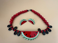 Flying Colors Watermelon Ceramic Vintage Necklace And Clip Earrings ds20