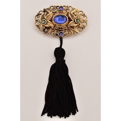 Vintage Cabochon Tassel Pin Brooch Lightweight Antiqued Gold Blue Black BinBG