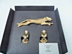 Vintage Jackie Collins PANTHER Big CAT set Brooch Clip on Earrings