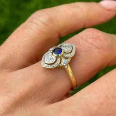 Art Deco Vintage Round Sapphire Lab Created Diamond 14K Gold FN Engagement Ring
