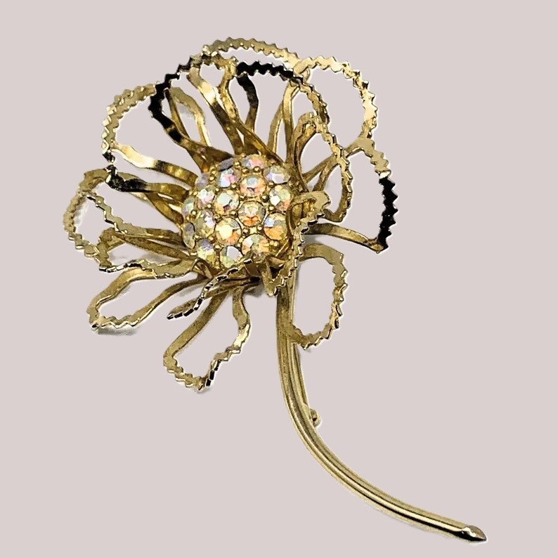 Vintage 1968 Gold Tone Floral Brooch Aurora Borealis Large Long-Stem Flower Pin