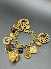 Vintage Mid Century Amber Topaz Rhinestone Charm Bracelet Etruscan Revival