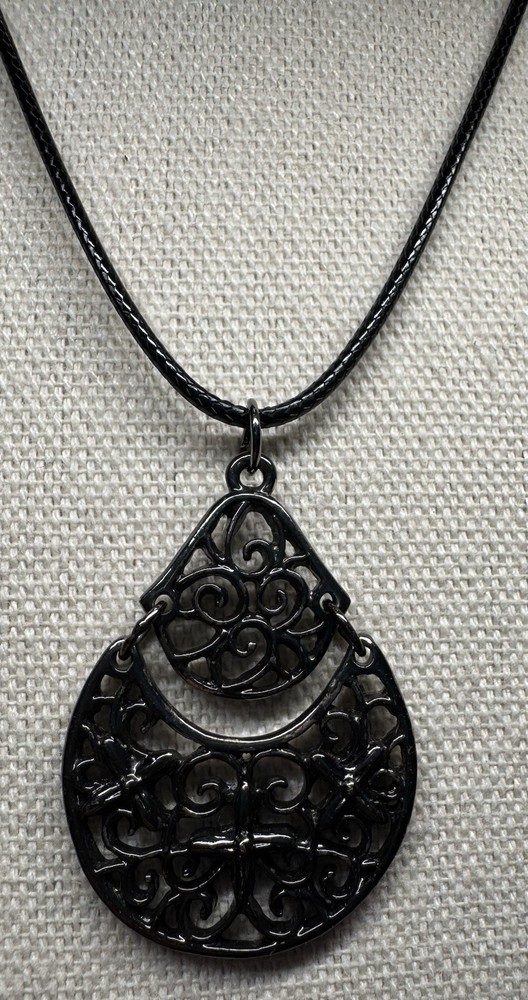 Vintage Gothic Silvertone Scrollwork Teardrop Pendant On Cord Necklace