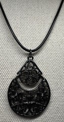 Vintage Gothic Silvertone Scrollwork Teardrop Pendant On Cord Necklace