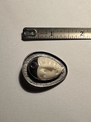 925 Sterling Silver Teardrop Cameo Face Amethyst Bone Cabochon Brooch Pin 2 Inch