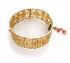 Antique Italian Gilt Silver Filigree Panel Bracelet, Natural Salmon Coral Drops