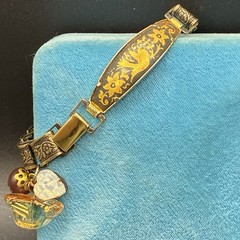 Vintage Damascene, Faux Opal Charms & Book Chain Links Bracelet Integrated w New