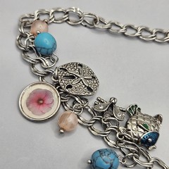 Vintage Silver Tone Charm Necklace Faux Turquoise Beaded Chain Bird Flower Beach