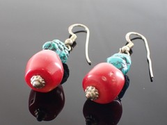 Vintage Sterling Drop Earrings Red Bead & Turquoise Matrix Stones Artisan
