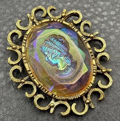 Vintage Huge AB Aurora Borealis Rainbow Glass Cameo Intaglio Brooch Gold Tone