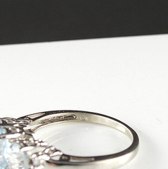 Estate 10K White Gold Blue Tuormaline Diamond Ring 3 Stone Jewelry Size 6.75