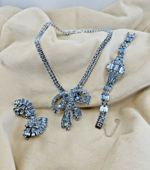 Weiss Bow Necklace Earrings Bracelet Set Sky Blue Rhinestones Set FABULOUS!